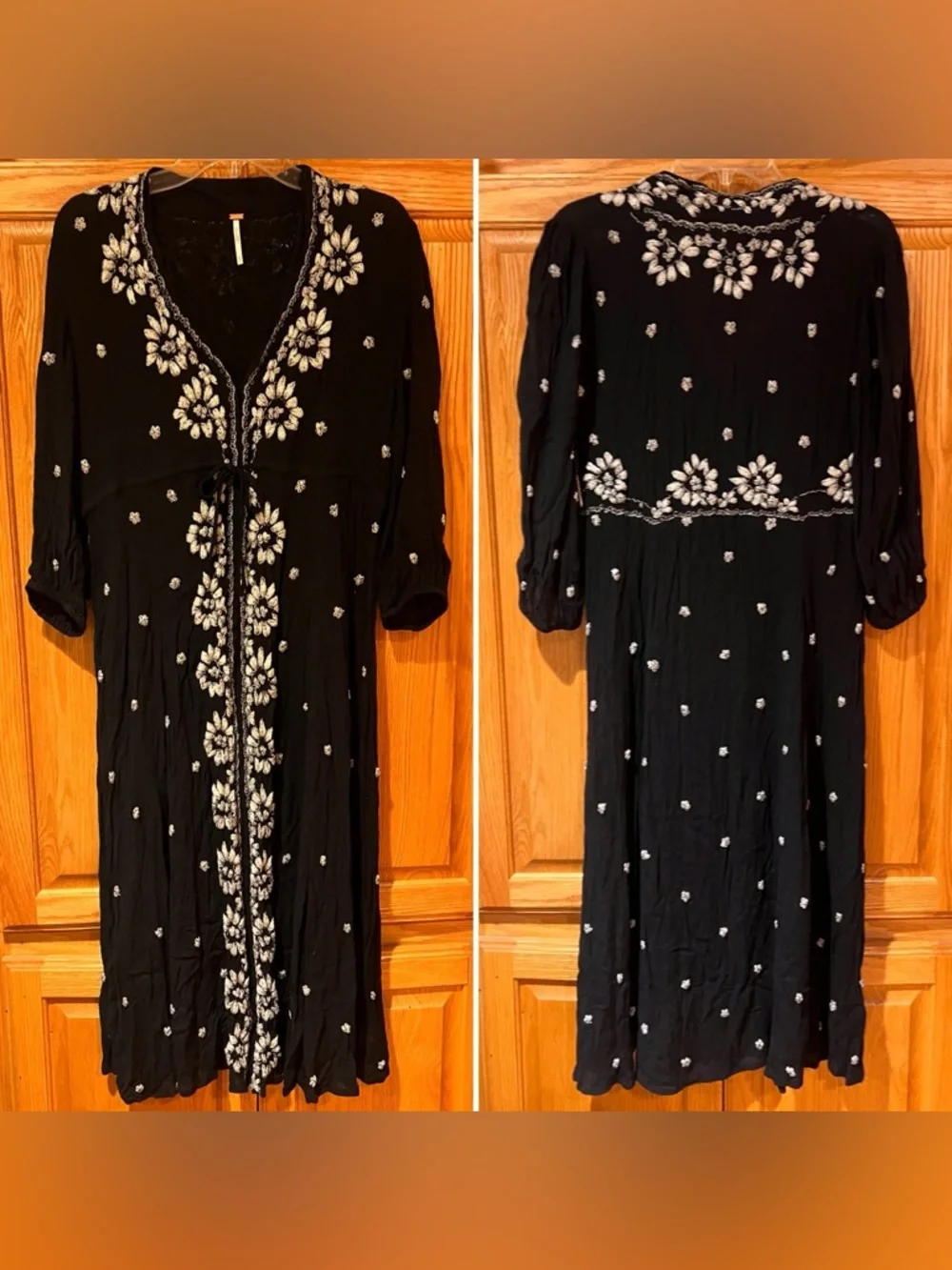 Free People Embroidered Fable V-Neck‎ Empire Waist Midi Dress Black Size Small
